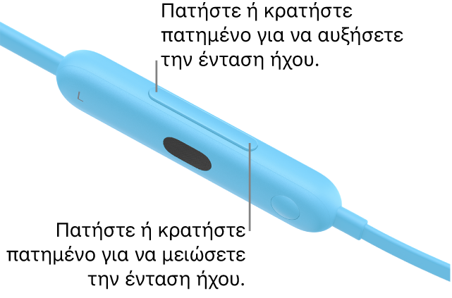 Εικόνα της αριστερής μονάδας ελέγχου στα Beats&nbsp;Flex που δείχνει το κουμπί έντασης ήχου.