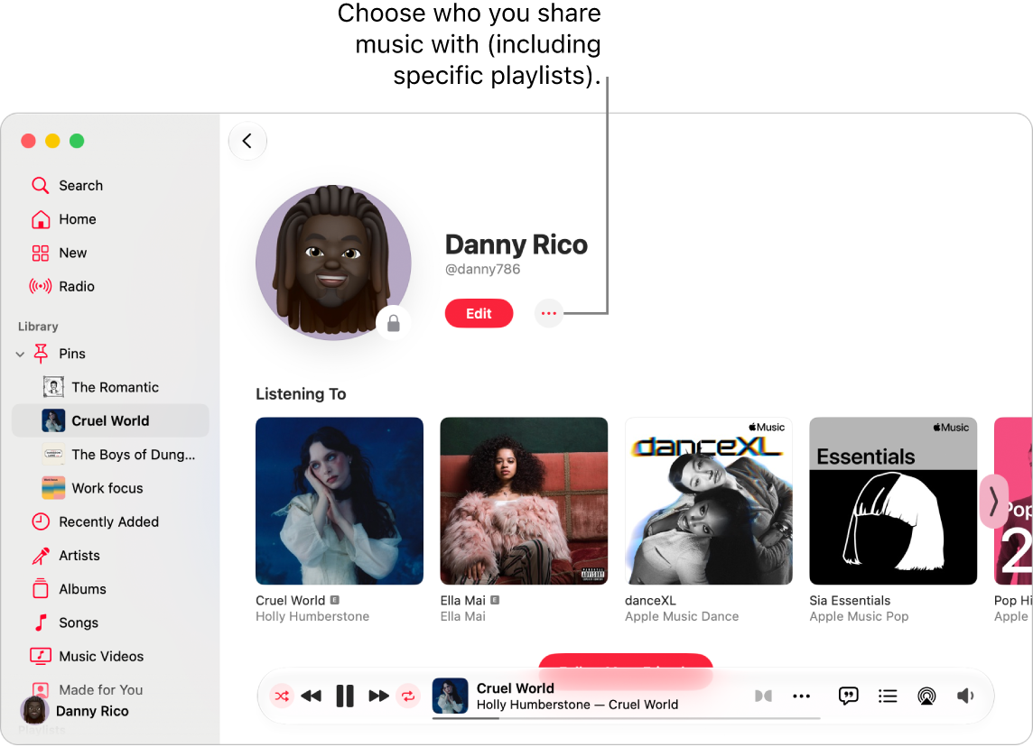 The profile page in Apple Music: at the top of the window, click the More button (to the right of the Edit button) to share your music.