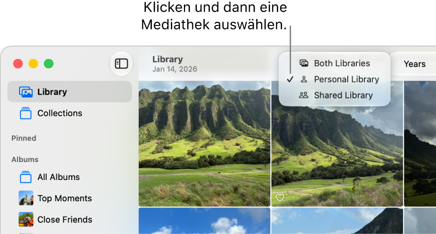 Der Bereich links oben im Fenster der App „Fotos“ zeigt die Seitenleiste und das Einblendmenü „Mediathek“ in der Symbolleiste.