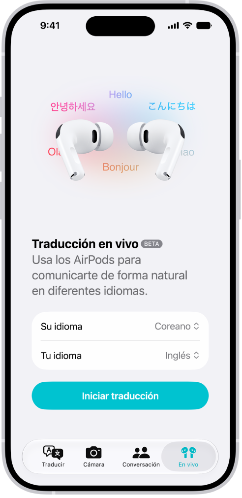 La app Traducir en el iPhone mostrando la pantalla de traducción en vivo. La pantalla muestra dos menús desplegable para elegir tu idioma y el de la otra persona, así como un botón para iniciar la traducción en vivo.