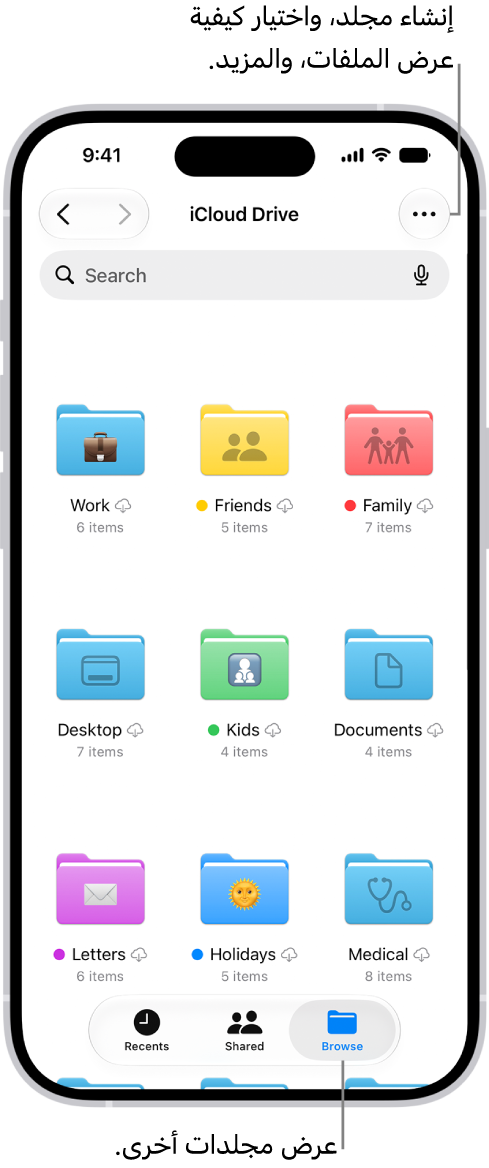 تطبيق الملفات تظهر به ملفات ومجلدات في iCloud&nbsp;Drive. قائمة المزيد تظهر بها خيارات لتحديد عناصر وإنشاء مجلد جديد ومسح المستندات ضوئيًا والاتصال بالخادم. يظهر أسفلها خيارات لعرض العناصر على الشاشة على شكل أيقونات أو قائمة. فس الأسفل تظهر خيارات الفرز حسب الاسم والنوع والتاريخ والحجم والوسوم يليها خيارات العرض.