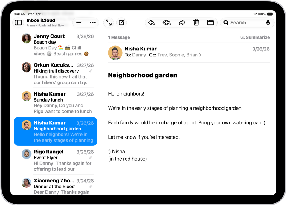 An iPad with the Mail app open. Emails are displayed with large, bold text.