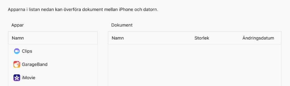 Fönstret Filer visar appar som kan synkroniseras till en enhet.