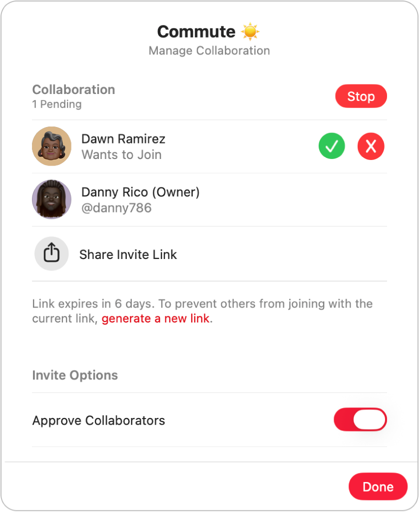 The Manage Collaboration dialogue.