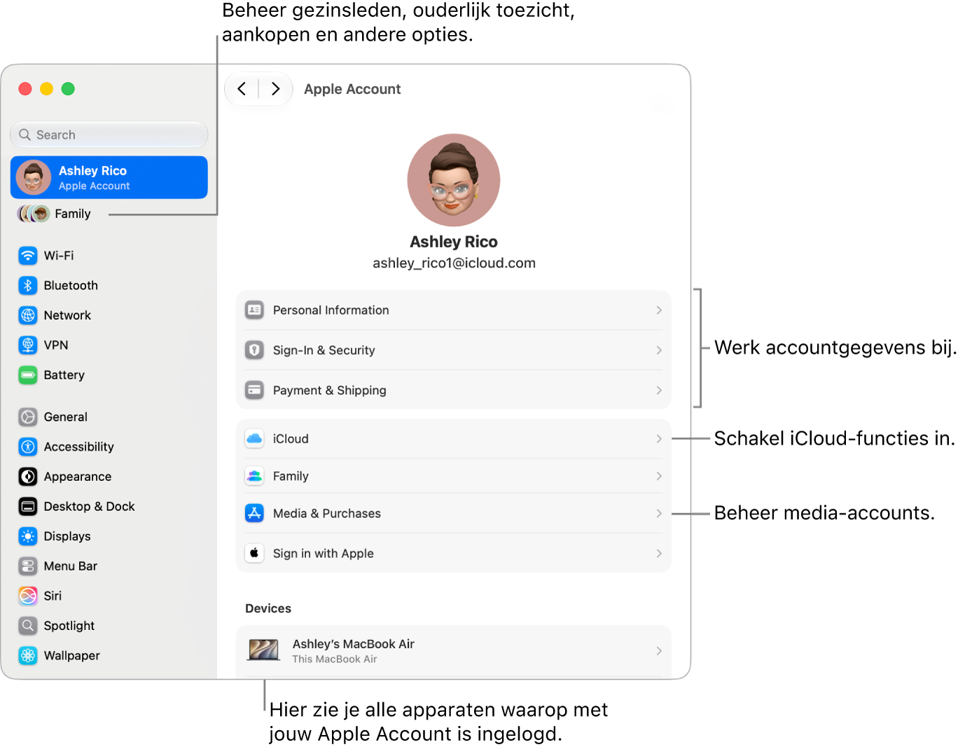 De instellingen voor 'Apple&nbsp;Account' in Systeeminstellingen, met bijschriften voor de opties waarmee je je accountgegevens bijwerkt, iCloud-functies in- of uitschakelt en media-accounts beheert. Verder de instellingen voor 'Gezin', waarmee je gezinsleden, ouderlijk toezicht, aankopen en andere opties beheert.