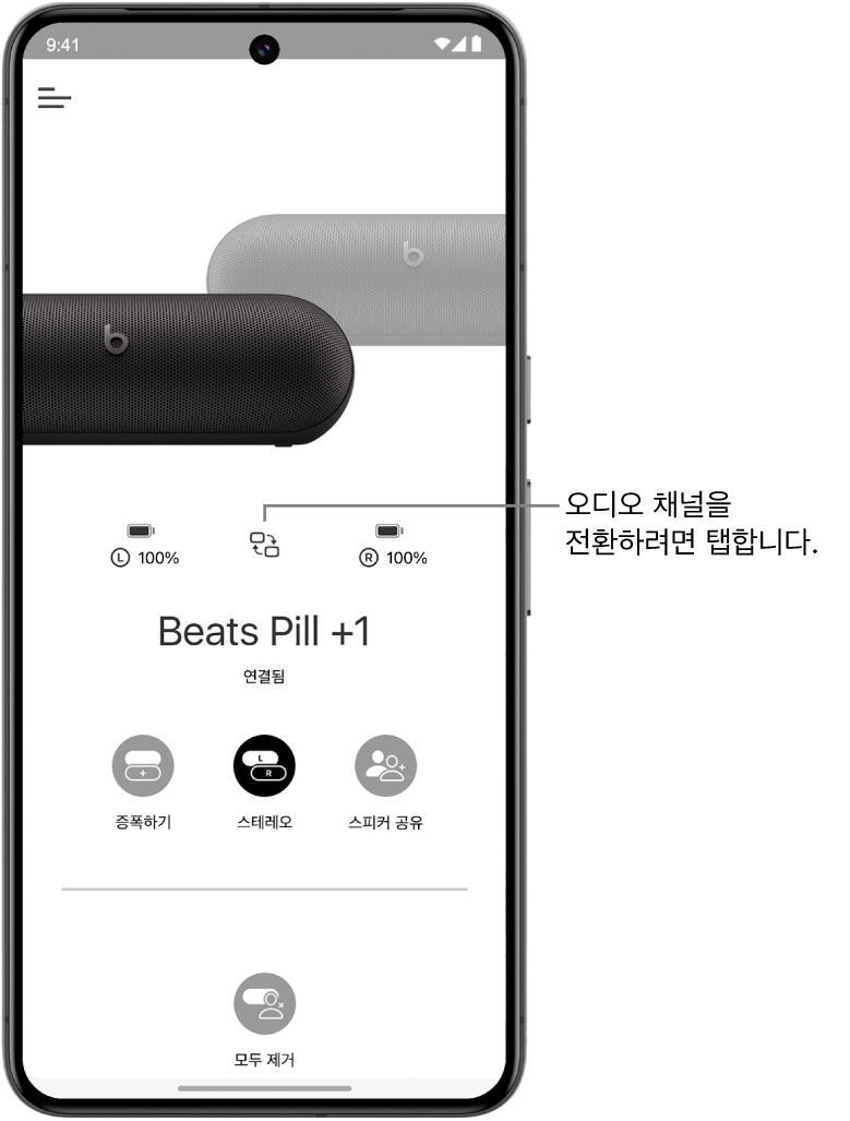 스테레오 그룹으로 연결된 두 개의 Beats&nbsp;Pill 스피커와 오디오 채널을 변경하는 버튼이 표시된 Beats 앱 기기 화면.