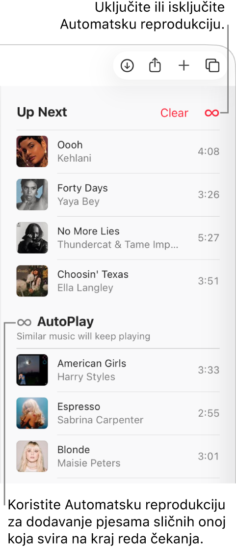 Red Sljedeće pri vrhu aplikacije Apple Music prikazuje tipke Obriši i Auto reprodukcija. Auto reprodukcija je uključena.