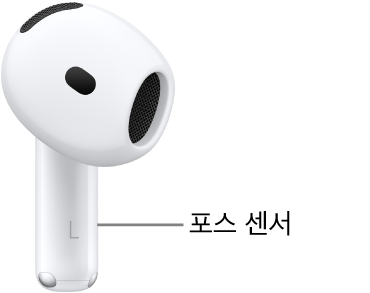 AirPods&nbsp;5 및 두 AirPods의 스템에 있는 포스 센서 위치.