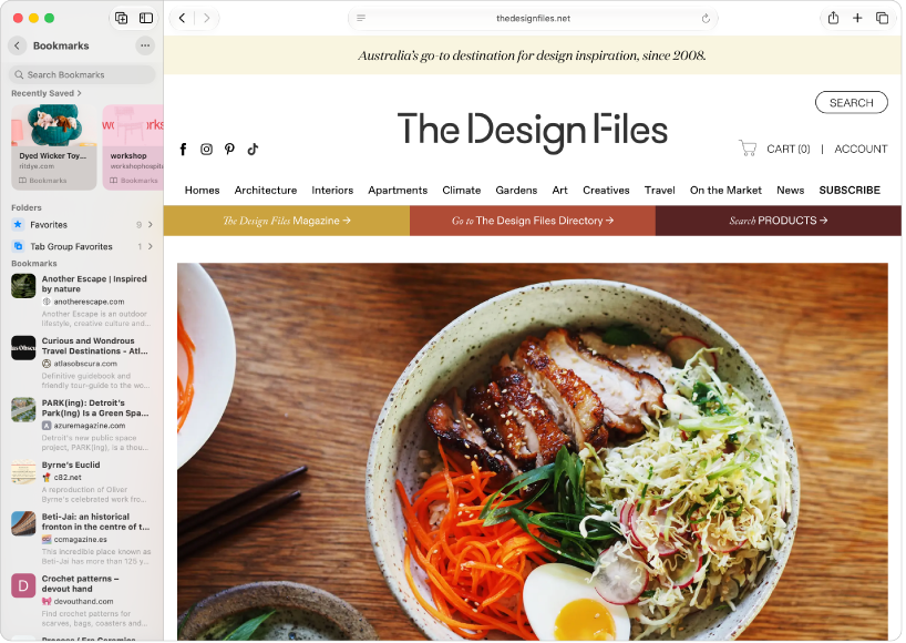 The Safari app showing websites organized into bookmarks in the sidebar, with a bookmarked website for a design publication shown on the right.