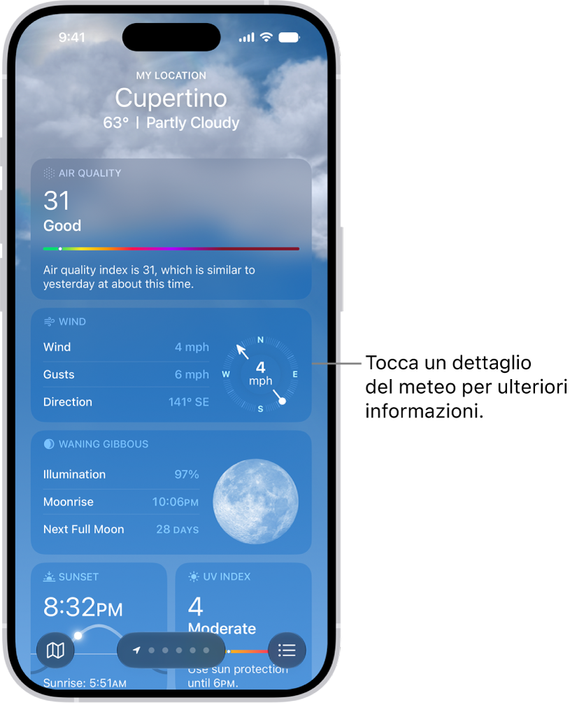 L’app Meteo con i dettagli sulle previsioni per un luogo.