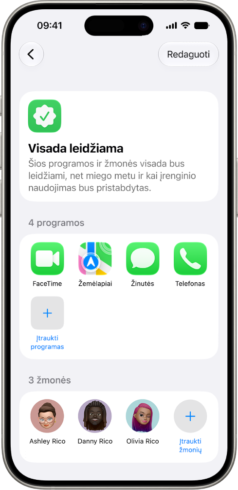 „Ekrano laiko“ ekranas „Visada leidžiama“, kuriame rodomos programos ir adresatai, leidžiami visada.
