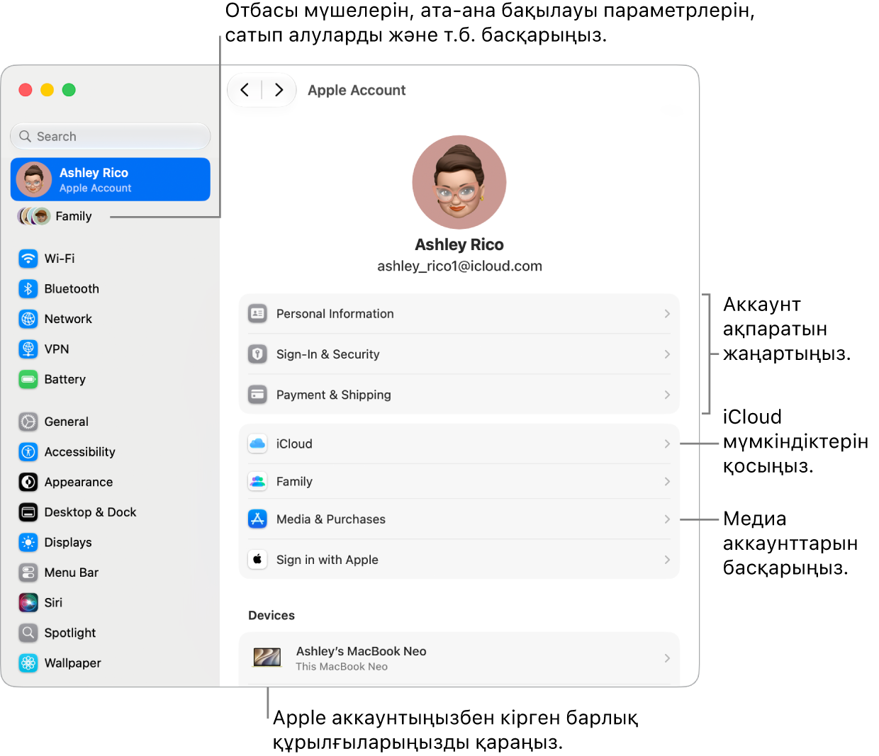 Аккаунт ақпаратын жаңарту, iCloud мүмкіндіктерін қосу немесе өшіру, медиа аккаунттарын басқару үшін тілше деректері бар System Settings терезесіндегі және ішінде отбасы мүшелерін, ата-аналық бақылауларды, сатып алуларды және т.б. басқаруға болатын Family settings терезесіндегі Apple аккаунтының параметрлері.
