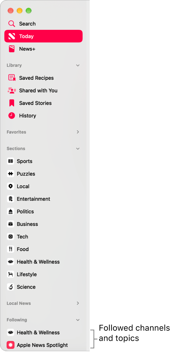 The Apple News sidebar showing followed channels and topics.