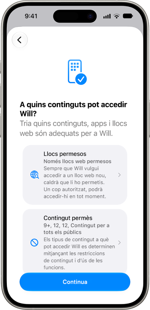 A la pantalla de configuració dels controls parentals es mostren opcions per al tipus de contingut al qual es pot accedir, com ara apps i llocs web.