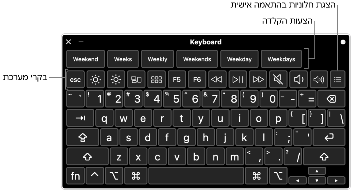 ״מקלדת הנגישות״ עם הצעות הקלדה בחלקה העליון. להלן שורה של כפתורים של פקדי מערכת לביצוע פעולות כגון שינוי בהירות המסך והצגת חלוניות מותאמות אישית.