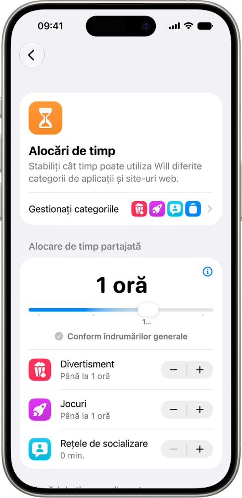 Ecranul „Alocări de timp” din configurările „Timp de utilizare” afișând timpul permis pentru Divertisment, Jocuri și Rețele de socializare.