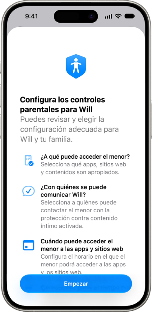 La pantalla de configuración de controles parentales con opciones para empezar.