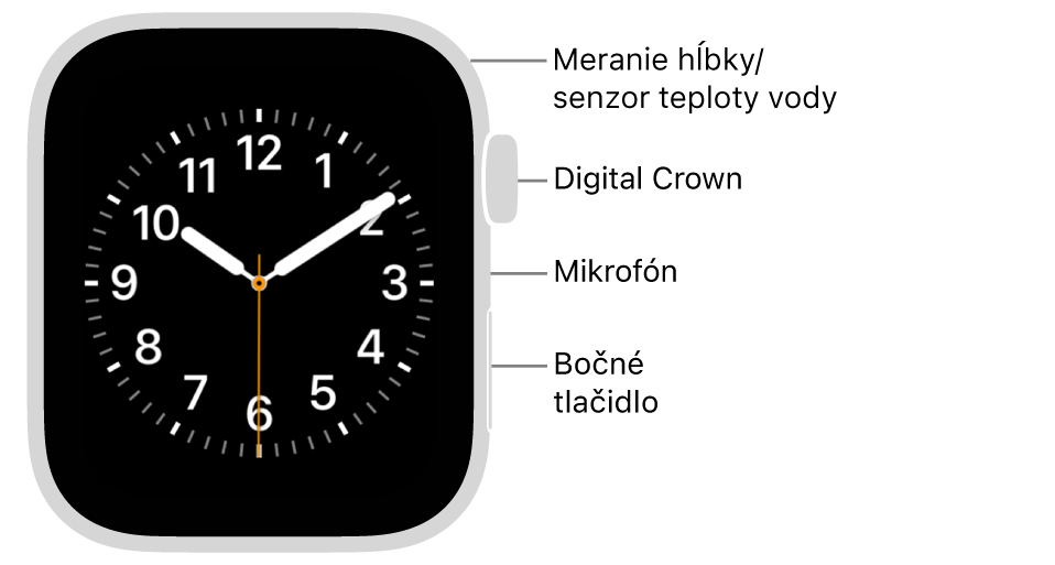 Predná strana hodiniek Apple&nbsp;Watch SE&nbsp;3 s&nbsp;displejom zobrazujúcim ciferník. Na bočnej strane sa zhora nadol nachádzajú Digital Crown, mikrofón a&nbsp;bočné tlačidlo.