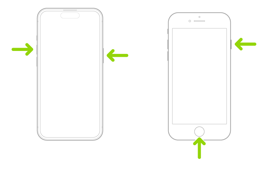 Two iPhones, one with Face ID and the other Touch ID, with arrows pointing to the buttons for taking a screenshot. On the iPhone with Face ID, one arrow points to the side button and another arrow points to the volume up button. On the iPhone with Touch ID, one arrow points to the side button and another arrow points at the Home button.