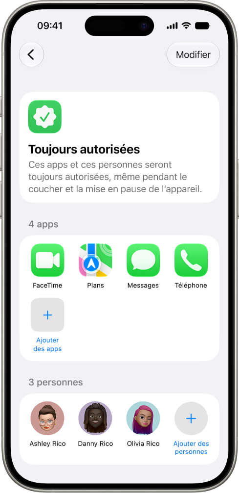 L’écran «&nbsp;Toujours autorisé&nbsp;» des réglages «&nbsp;Temps d’écran&nbsp;» affichant les apps et les contacts autorisés à tout moment.