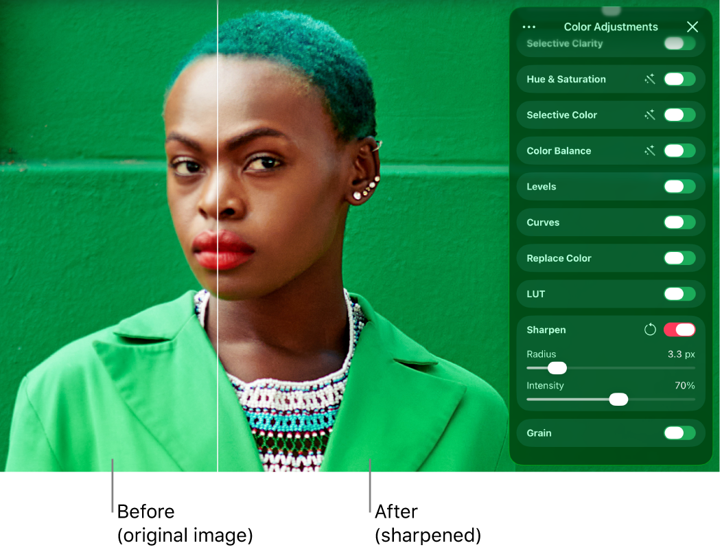 A before-and-after comparison showing of a photo with the sharpening effect applied, and the Color Adjustments pane on the right with the Sharpen controls visible.