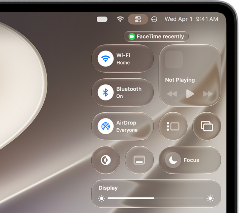 Control Center in the top-right corner of the Mac screen, showing controls for Wi-Fi, Focus, and Stage Manager, among others.