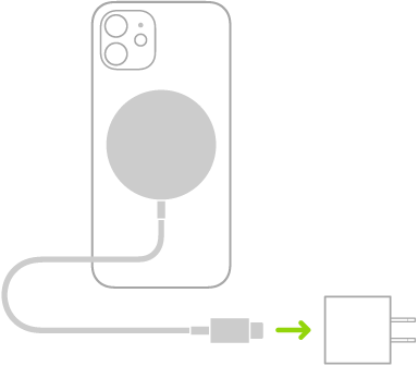MagSafe&nbsp;Charger зарядтау құрылғысының бір ұшының iPhone құрылғысының артына тіркелгенін, ел екіншісінің қуат адаптеріне қосылып тұрғанын көрсеткен сурет.