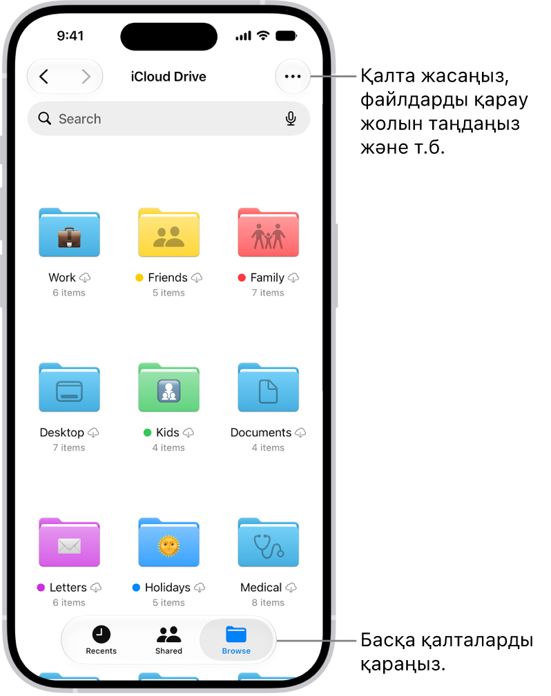 iCloud&nbsp;Drive сервисінде файлдар мен қалталарды көрсетіп тұрған «Файлдар» қолданбасы. «Толығырақ» мәзірінде Элементтерді таңдау, жаңа қалта жасау, Құжаттарды сканерлеу және Серверге қосылу опциялары бар. Оның төменіндегілер ─ экрандағы элементтерді «Белгішелер» немесе «Тізім» ретінде қарау опциялары. Төмендегілер ─ «Атау», «Түр», «Күн», «Өлшем» және «Тегтер» үшін сұрыптау опциялары, одан кейін «Опцияларды көру» опциясы.