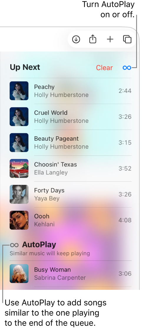 The Up Next queue at the top of Apple Music showing the Clear and AutoPlay buttons. AutoPlay is turned on.