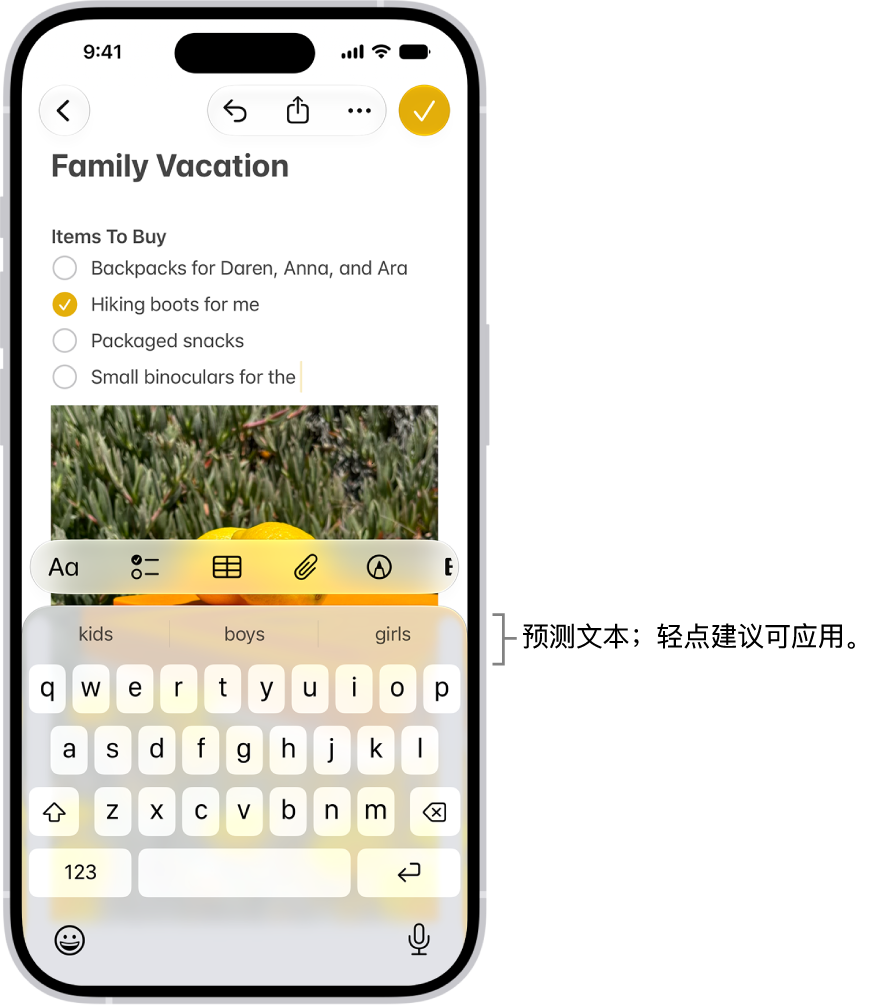 “信息” App 中打开的屏幕键盘。文本栏中输入了文本，键盘上方是下一个字词的预测文本建议。