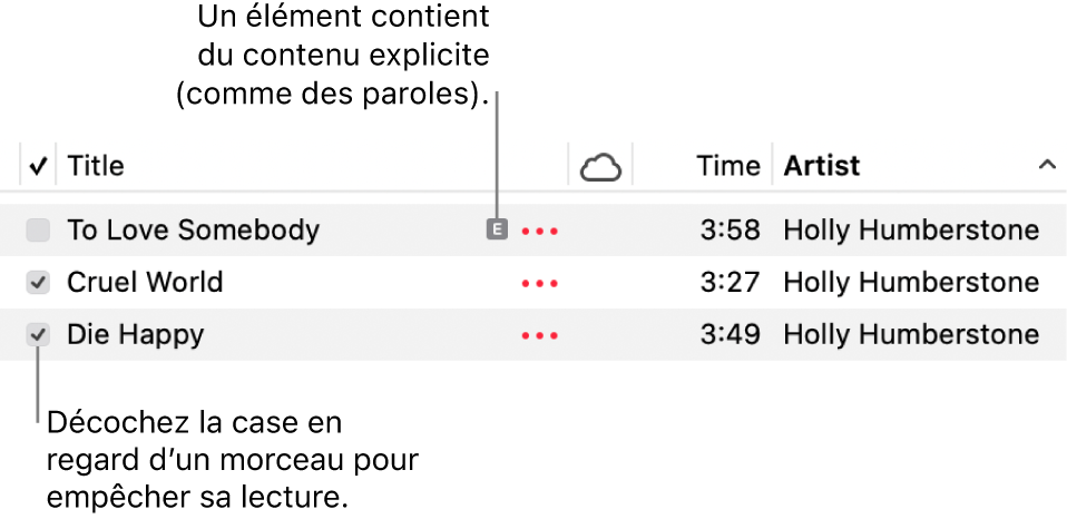 Détail de la liste des morceaux dans Musique, avec les cases et un symbole explicite pour le premier morceau indiquant qu’il contient du contenu explicite, comme ses paroles. Décochez la case en regard d’un morceau pour empêcher la lecture de ce dernier.