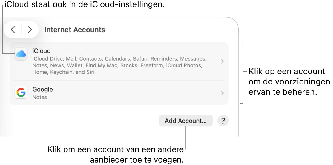 De instellingen voor 'Internetaccounts', met een overzicht van de accounts die op de Mac zijn geconfigureerd.