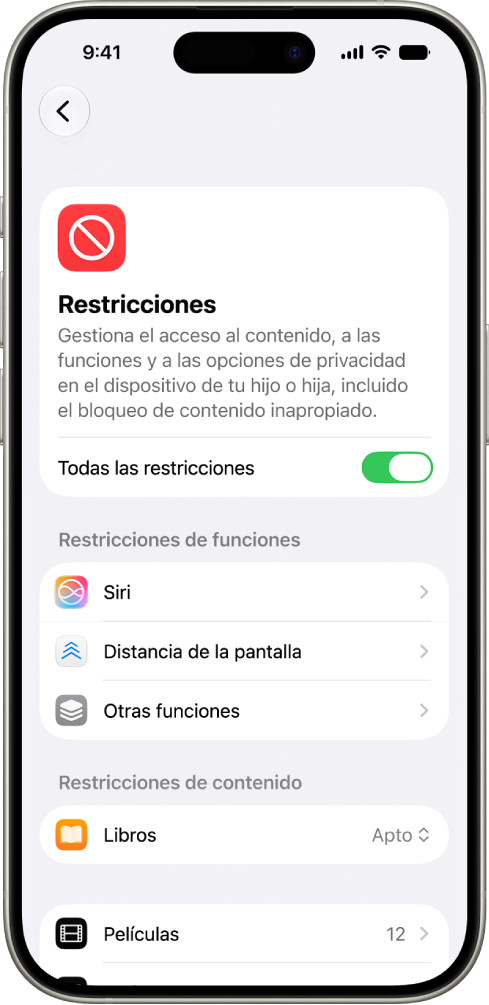 La pantalla de restricciones de contenido y privacidad de tiempo de uso, que muestra las opciones de restricciones de contenido y funciones.