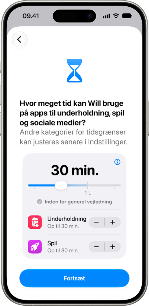 Skærmen til indstilling af børnesikring viser, hvor meget tid der er tilladt i appkategorier som f.eks. Sociale medier og Underholdning.