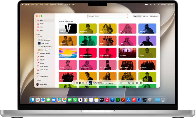 La finestra di Apple&nbsp;Music che mostra il campo di ricerca e i riquadri delle categorie.
