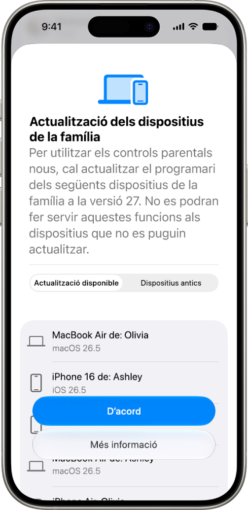 La pantalla d’actualització dels dispositius de la família mostra els dispositius que cal actualitzar i els dispositius antics.
