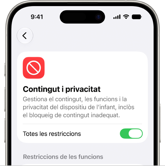 La pantalla de restriccions de contingut i privacitat.