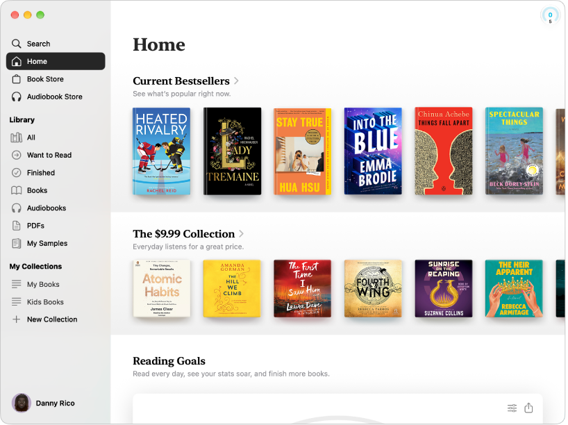A Books app window, showing Home selected in the sidebar, and the Continue and Top Picks sections on the right.
