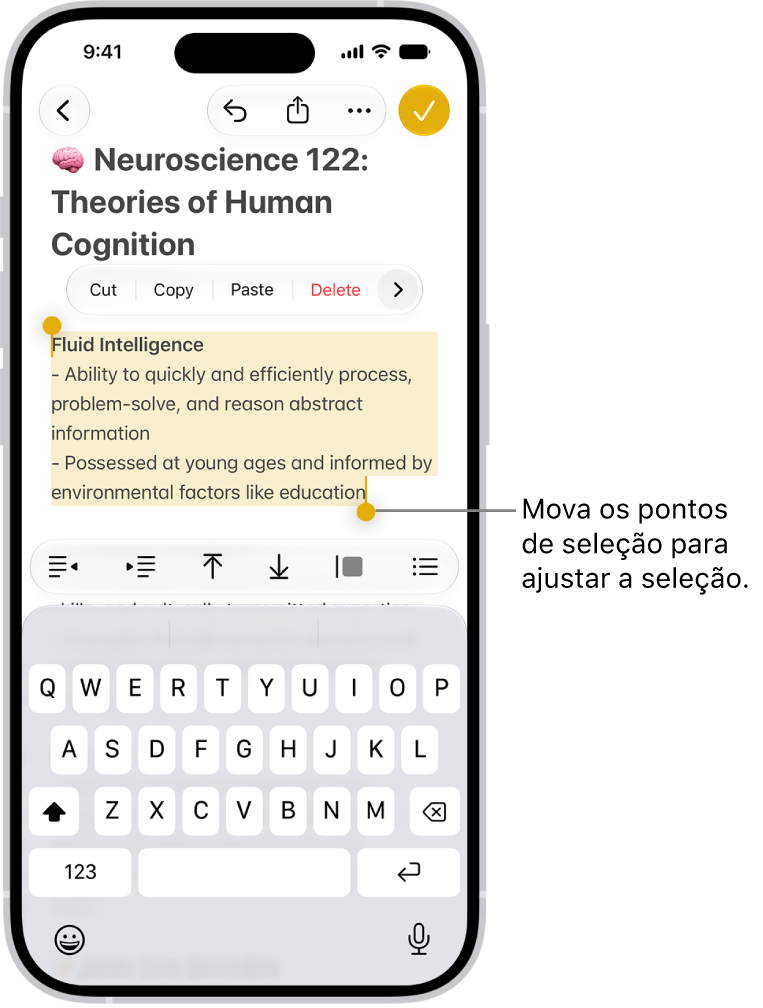 Há texto selecionado em uma nota no app Notas. Acima do texto selecionado encontram-se os botões Recortar, Copiar, Colar e Preenchimento Automático. O texto selecionado está destacado, com pontos de seleção para ajustar a seleção nas extremidades.