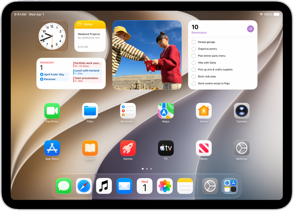 The Home Screen with the Dock showing six favorite apps on the left and three suggested apps to the right. The rightmost icon in the Dock opens App Library.