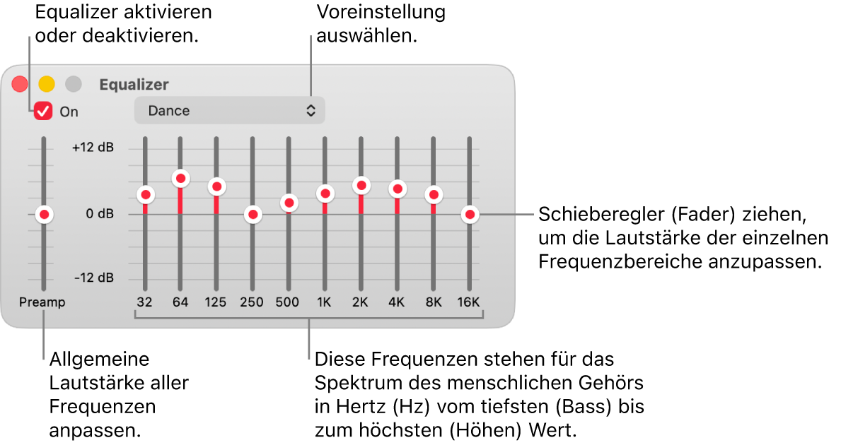 Das Fenster „Equalizer“ mit den Steuerelementen zum Aktivieren des Equalizers, zum Auswählen von Voreinstellungen und zum Anpassen der Lautstärke von Frequenzen.