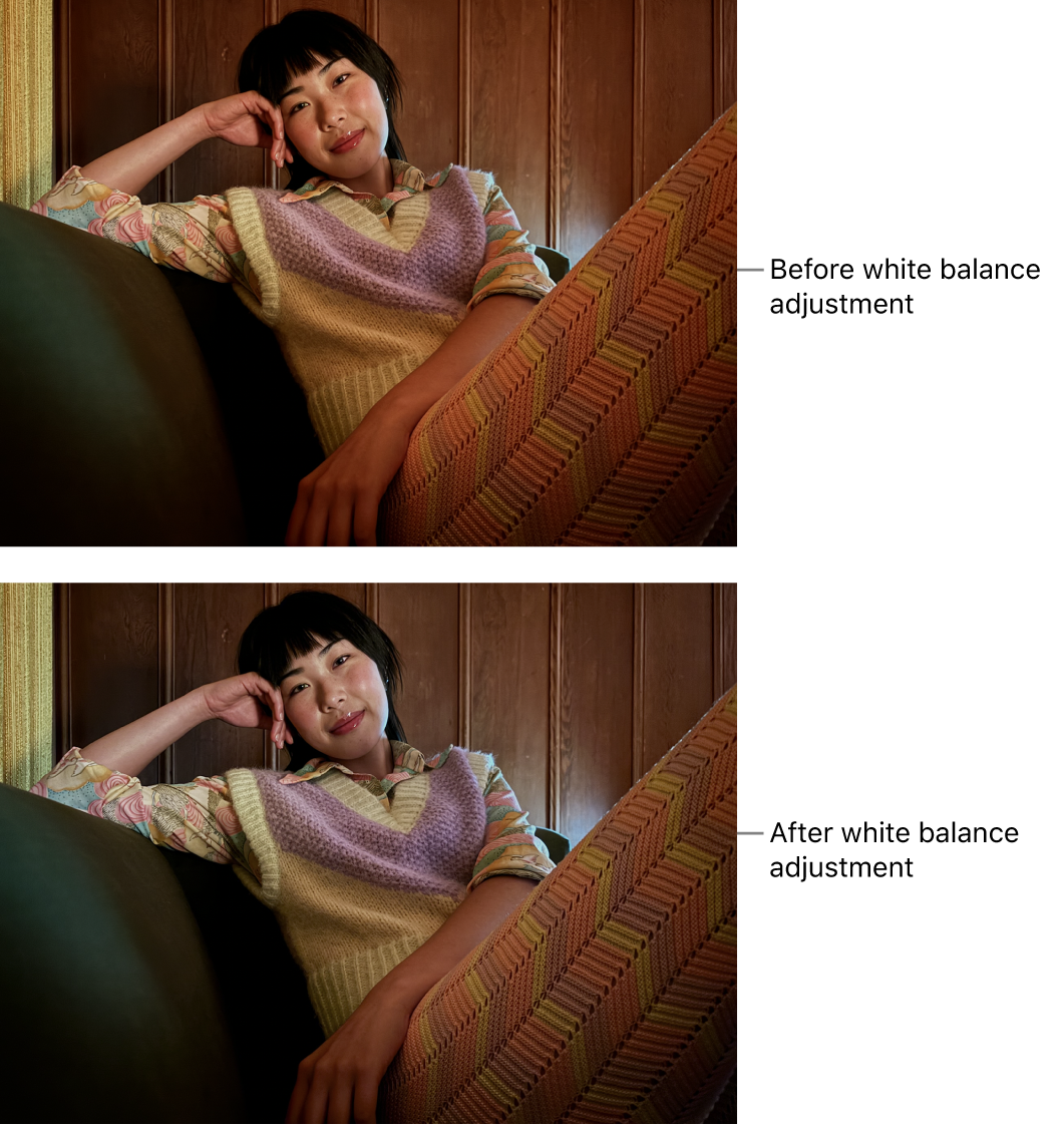 A photo before and after a white balance adjustment.