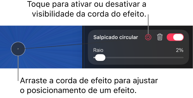 Uma corda de efeitos é mostrada na tela, ao lado do botão de ativação no painel Efeitos.