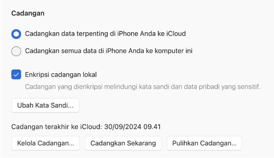 Pilihan untuk mencadangkan data dari perangkat menampilkan dua tombol untuk memilih pencadangan ke iCloud atau ke perangkat Windows, kotak centang “Enkripsi cadangan lokal” untuk mengenkripsi data cadangan, serta tombol tambahan untuk mengelola cadangan, memulihkan dari cadangan, dan memulai cadangan.