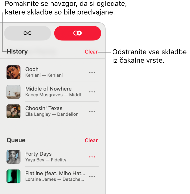 Čakalna vrsta je vidna v zgornjem desnem kotu aplikacije Apple&nbsp;Music. Prikažeta se razdelka Zgodovina in Čakalna vrsta.