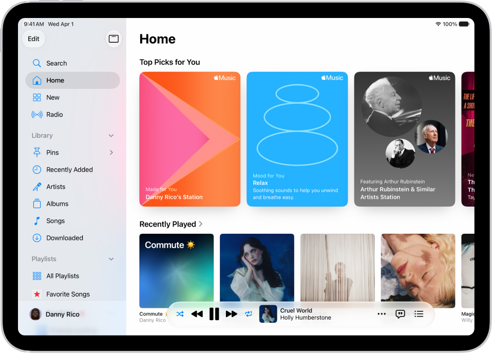 The Home tab in the Music app showing the sidebar on the left and the Home section at the right. The Home tab shows Top Picks at the top. Recently Played music appears below, showing four album covers. The MiniPlayer is at the bottom.