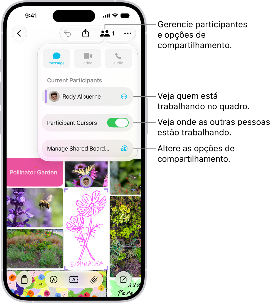 Um quadro compartilhado do Freeform no iPhone com o menu de colaboração aberto.