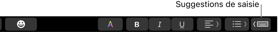La Touch&nbsp;Bar, avec le bouton permettant d’afficher des suggestions de saisie à l’extrémité droite.