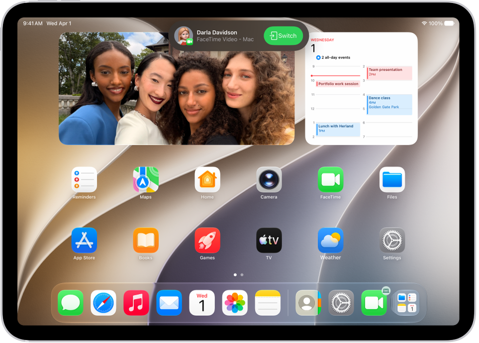 The iPad Home Screen showing a FaceTime video call notification from an iPhone at the top. Tap Switch to move the call to your iPad.