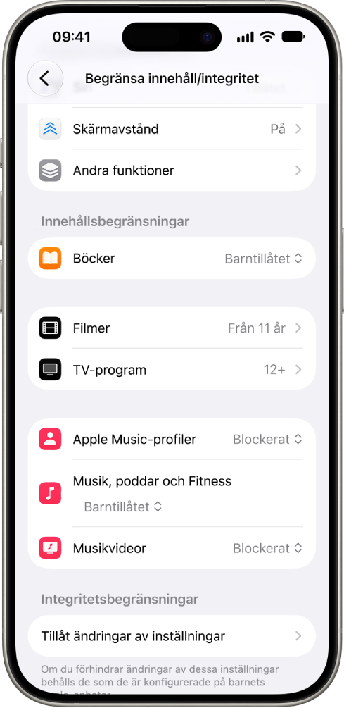 Skärmen Begränsa innehåll/integritet i inställningarna för Skärmtid som visar alternativ för innehållsbegränsningar i till exempel Böcker och Filmer.